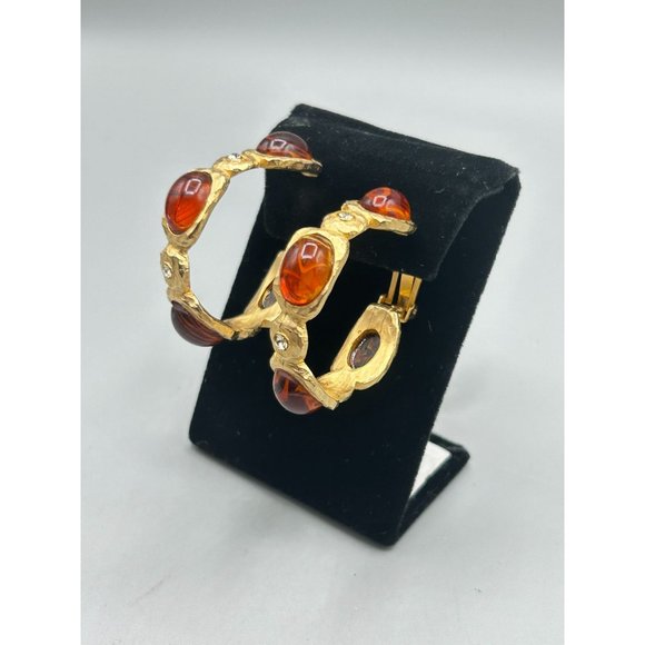 Signed Kenneth Lane Clip On Hoops Earrings Flawed Faux Carnelian Cabochons - Picture 5 of 9